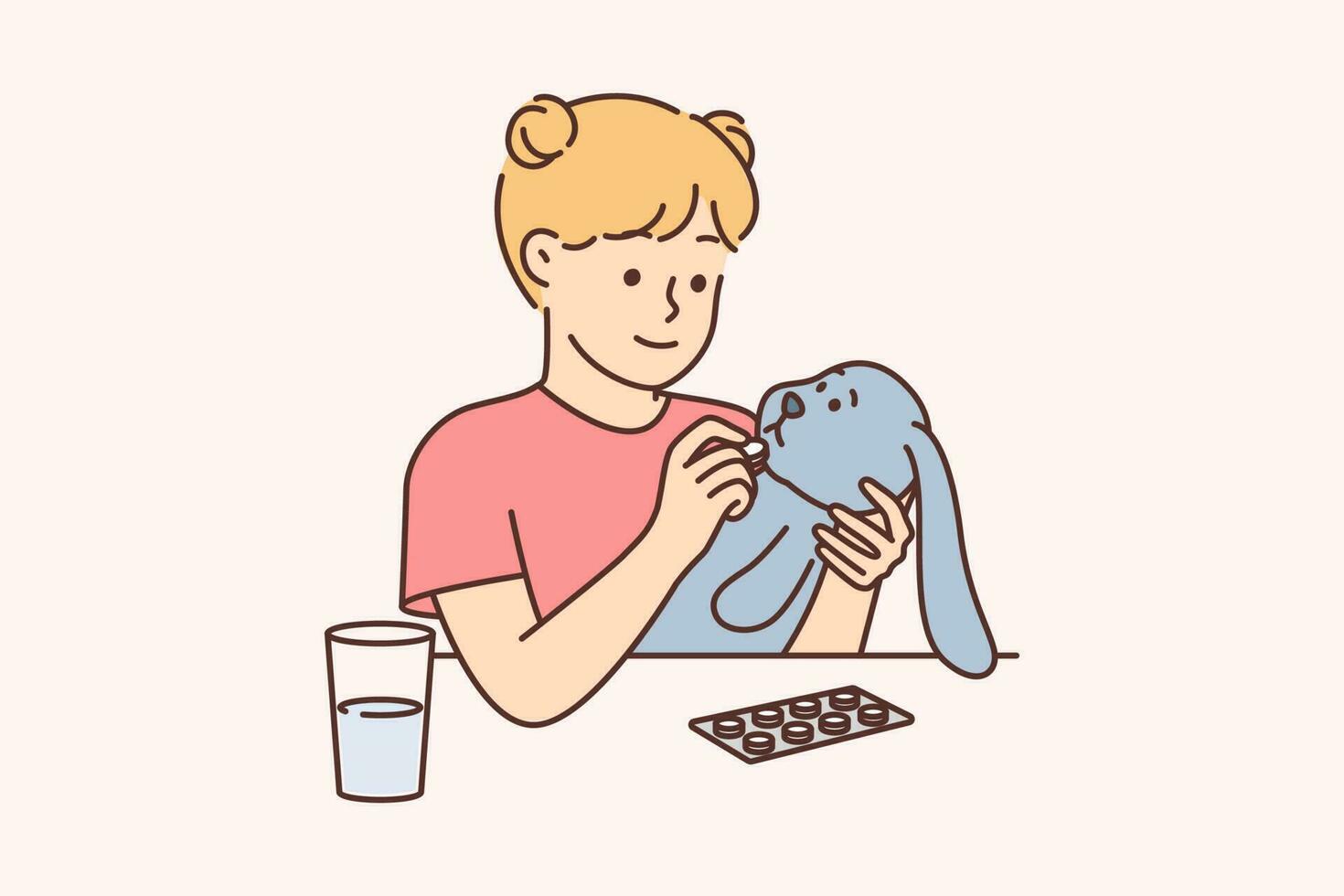 Little girl plays doctor giving pill of plush toy to cure illness. Pre-teenage girl near glass with water and package of medicines or vitamin, dreams of becoming doctor or veterinarian vector
