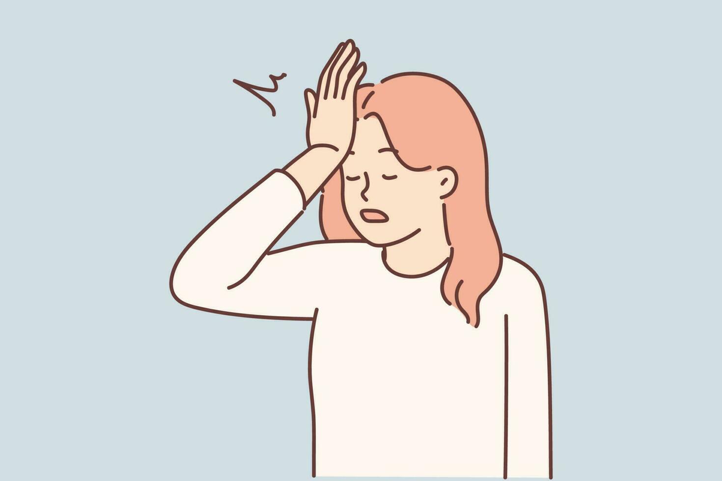 Woman makes gesture with facepalm putting palm to forehead, having learned about mistake made, which entails loss money. Girl demonstrates facepalm upset after bad news or quarrel with boyfriend vector