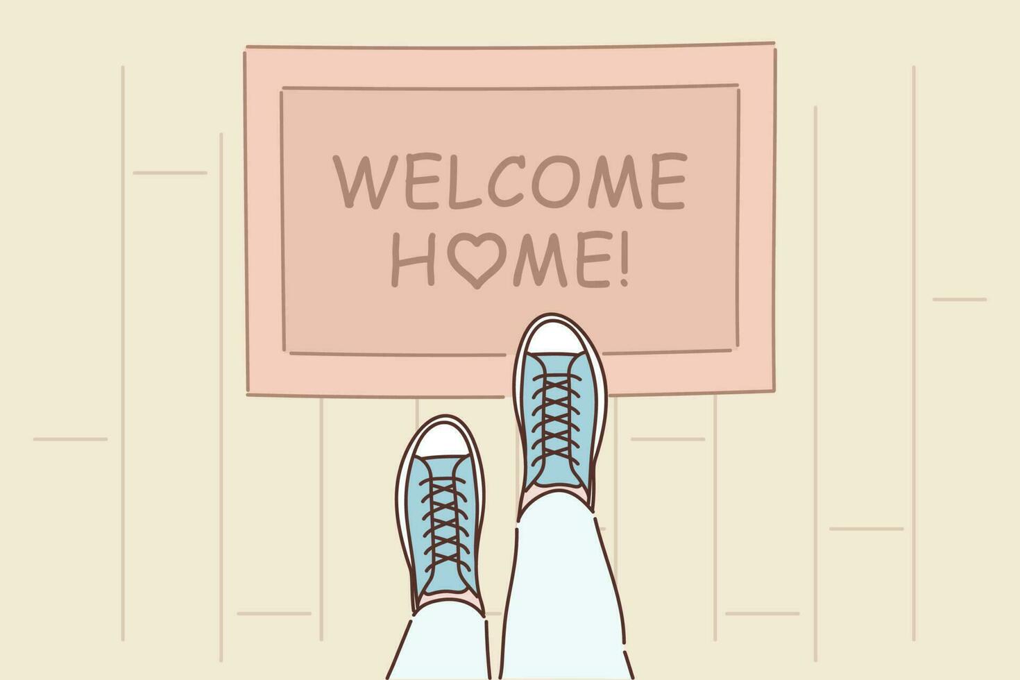 Rug with inscription welcome home on threshold near entrance to apartment and feet of man in boots. Top view of porch with rug with word welcome to create cozy and welcoming atmosphere vector