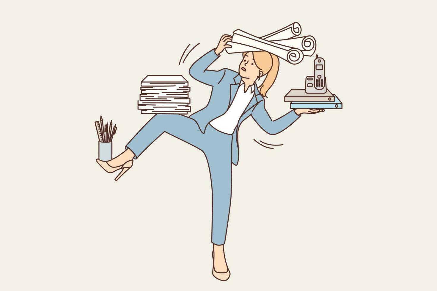 Businesswoman holding office supplies and falling over from overloading due to lot of work and lack of rest. Woman entrepreneur in formal suit suffering from overloading or strict deadlines vector