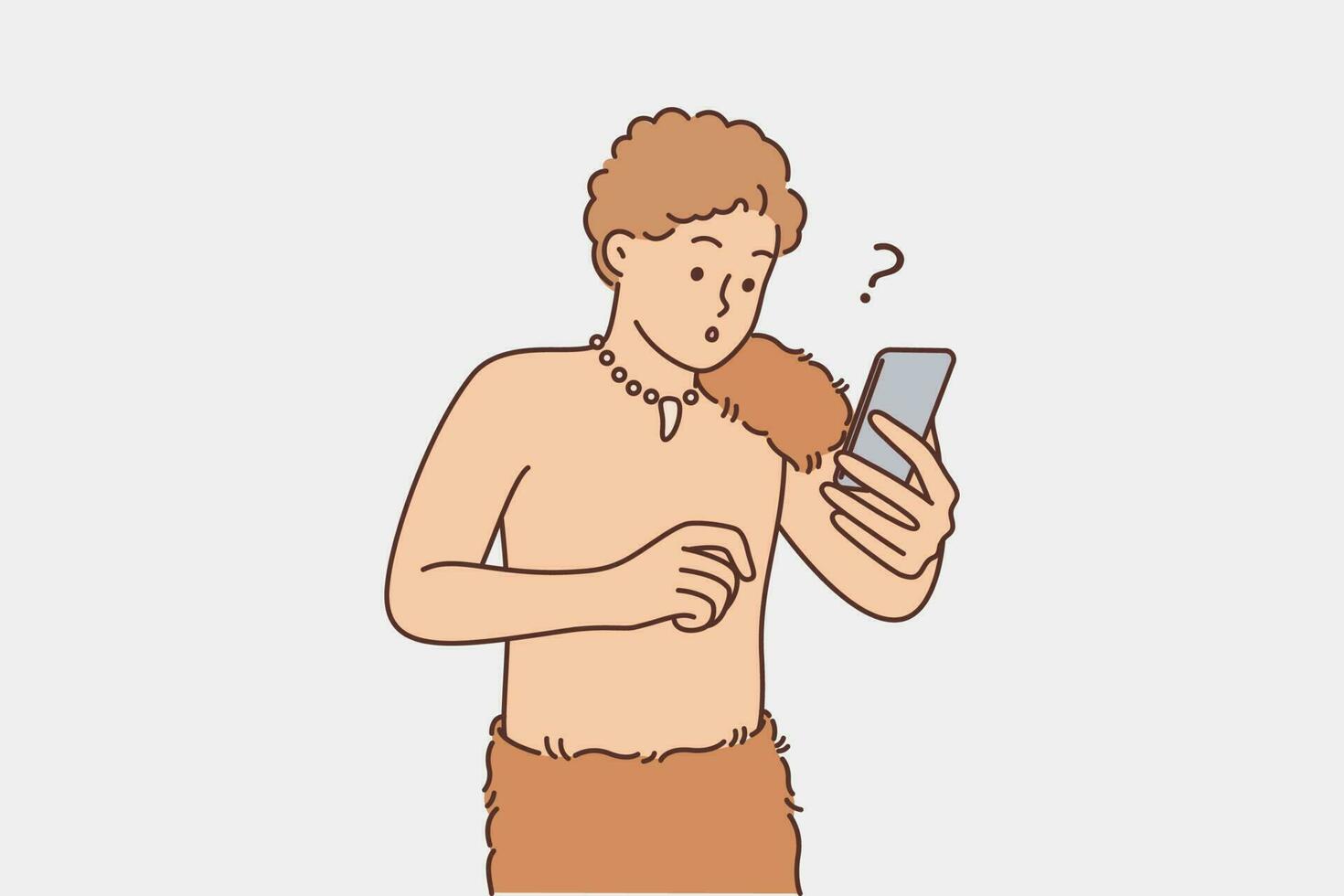 Primitive man with phone is surprised to see modern technology for first time and is shocked by video or music from internet. Primitive man with animal skin on belt holds mobile phone for first time vector