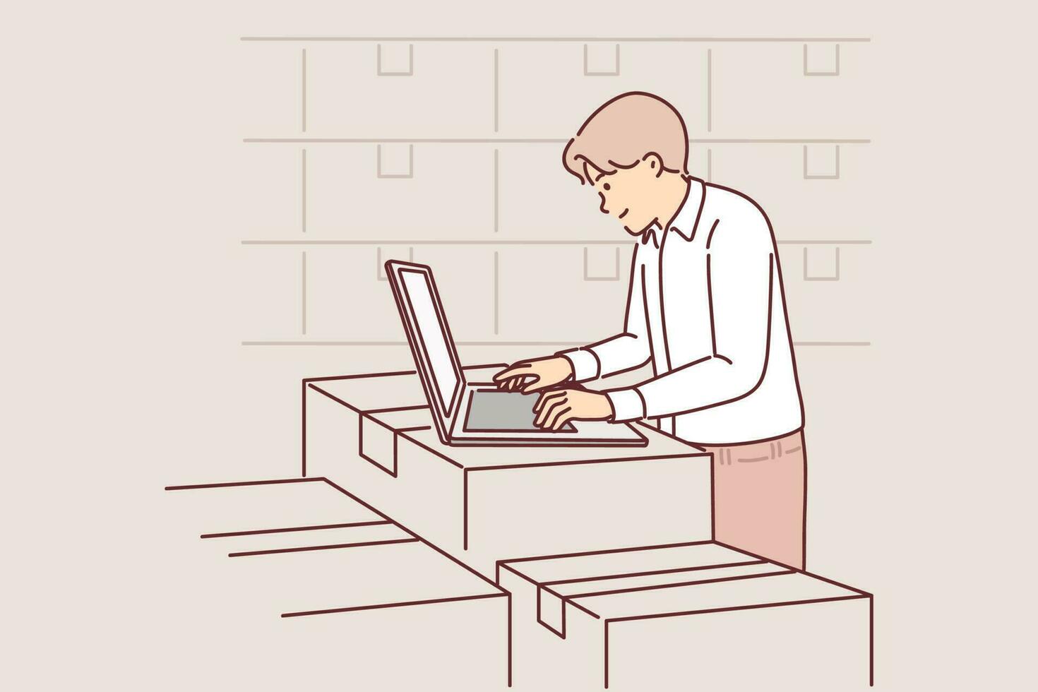 Man with laptop works in warehouse, standing near boxes, auditing availability of goods in storage. Guy storekeeper is engaged in fulfillment, making career as logistics warehouse supervisor vector
