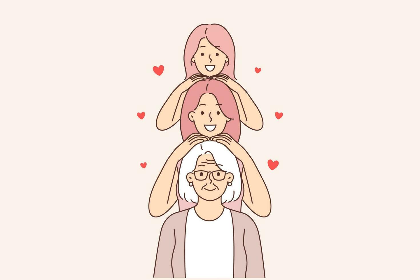 Three generations of happy women standing in row, from grandmother and mother with daughter. Concept female solidarity and relationship between different generations of women connected by family ties vector