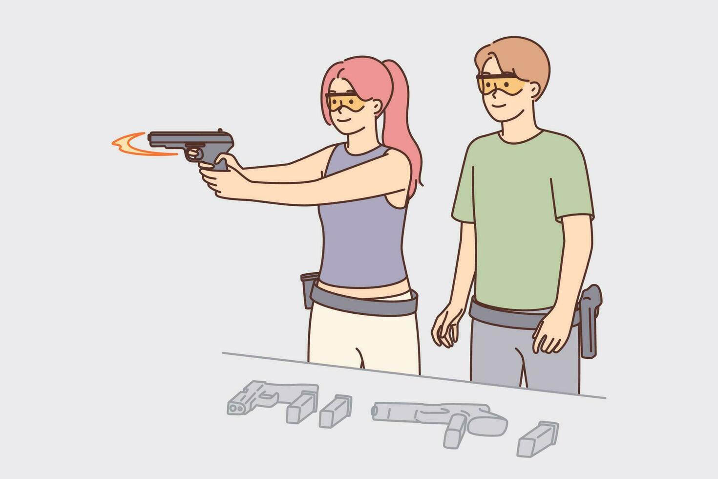 Woman learns to shoot guns standing in shooting range with male instructor teaching correct use of weapons. Guy and girl use guns wanting to participate in shooting sports competitions. vector