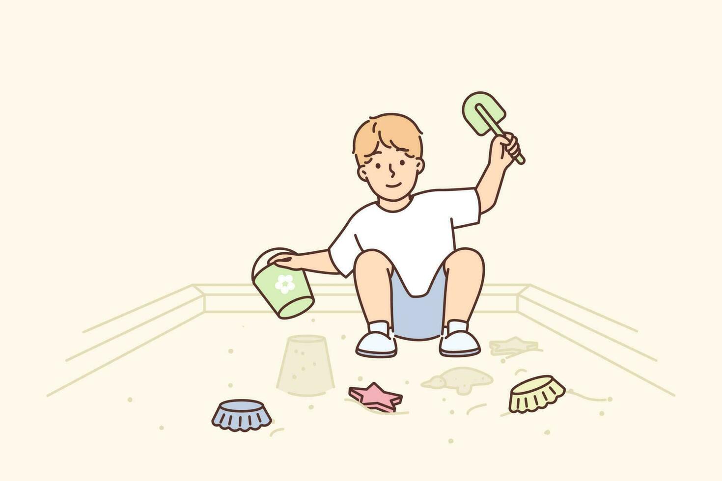 Little boy plays in sandbox enjoying outdoor recreation and summer walks. Pre-teenage boy with bucket makes sand figures doing creative or educational games and waving shovel looks at camera vector
