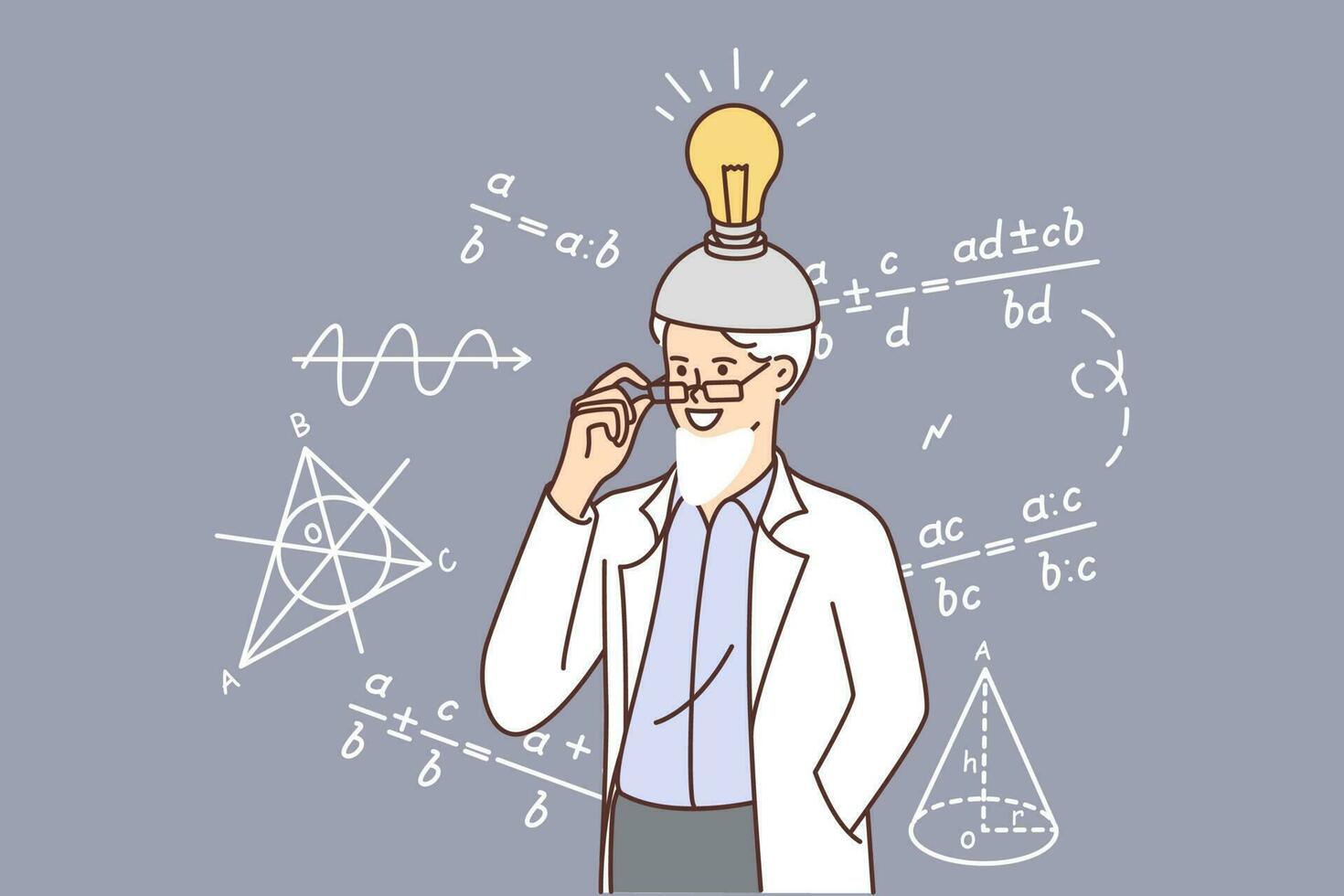 Elderly scientist stands near school blackboard with scientific formulas with invention countries on head. Gray-haired man doing science with light bulb symbolizing idea and new discoveries vector