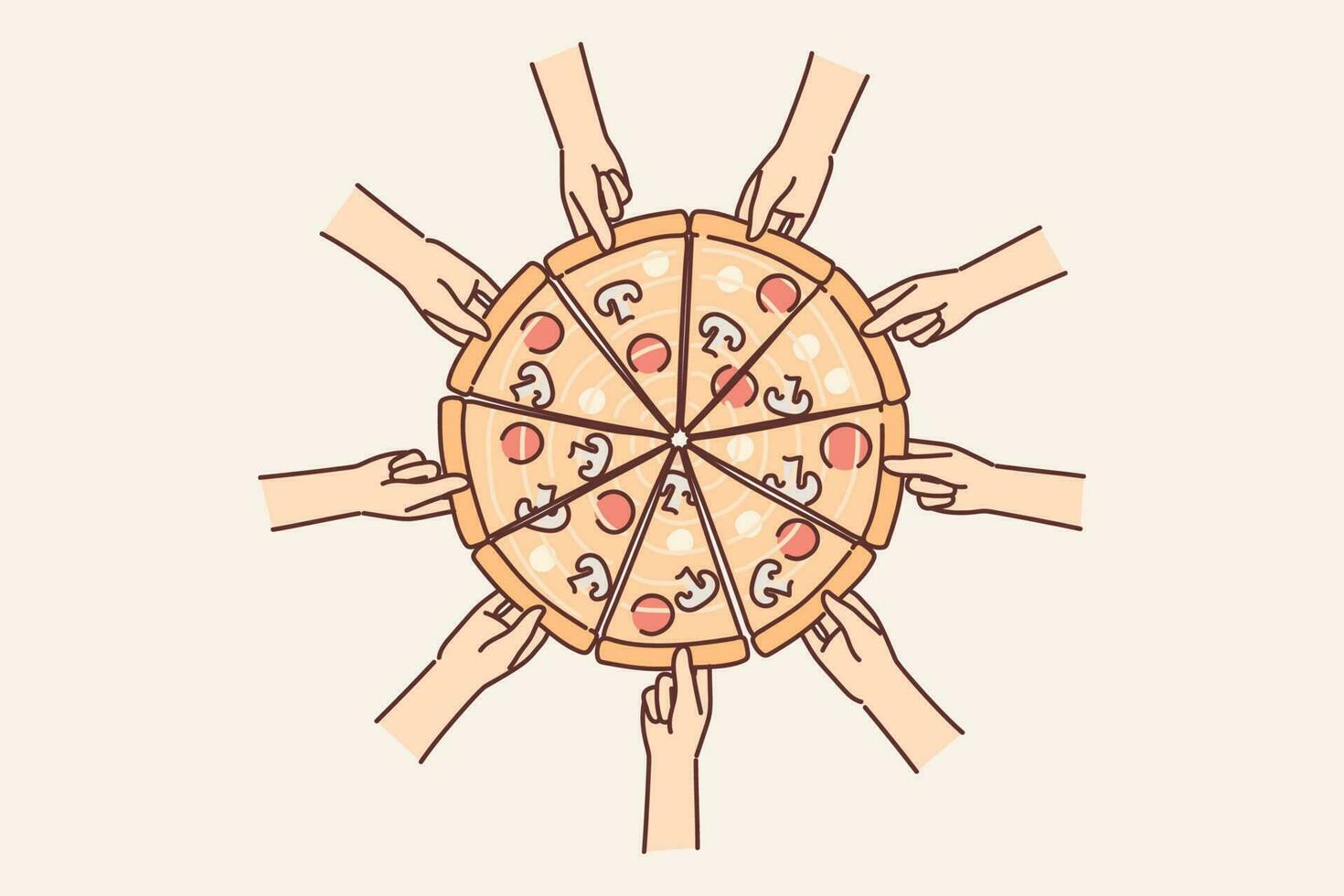 Hands reach out to pizza to pick up piece of delicious italian snack with cheese and pepperoni. Top view of pizza cooked according to traditional italian cuisine recipe with mushrooms and tomatoes vector