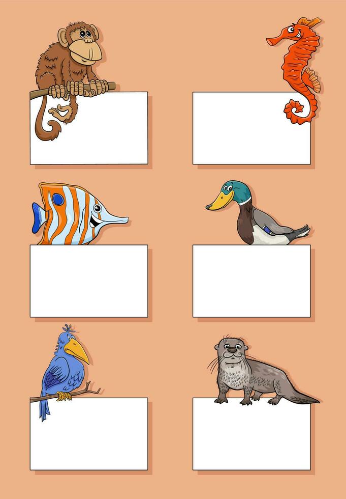 dibujos animados animales con tarjetas o pancartas diseño conjunto vector