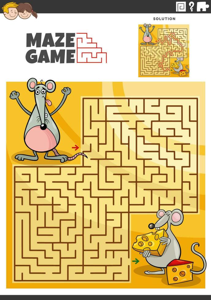 maze game activity with cartoon mice characters with cheese vector