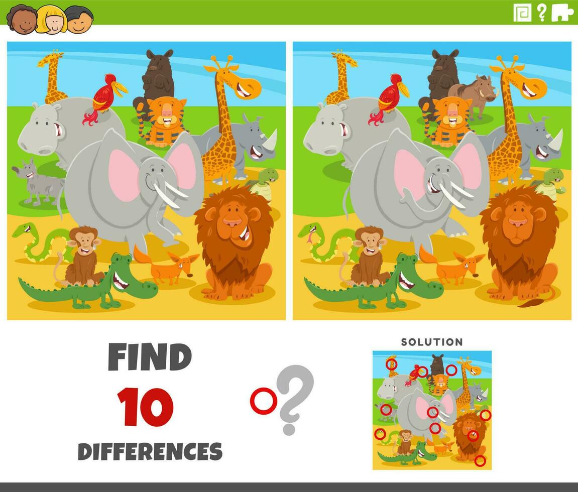 differences game with cartoon animal characters group vector