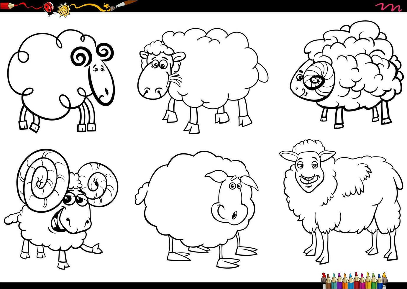 dibujos animados oveja granja animal caracteres conjunto colorante página vector