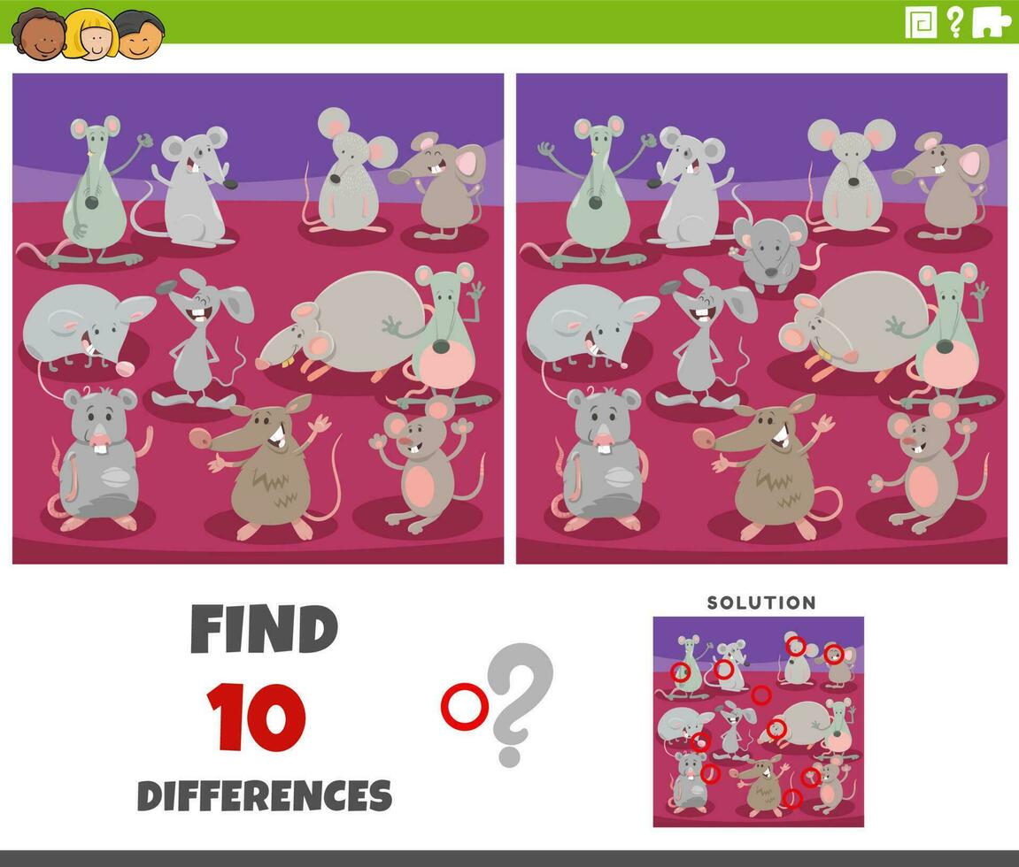 differences game with comic mice animal characters group vector