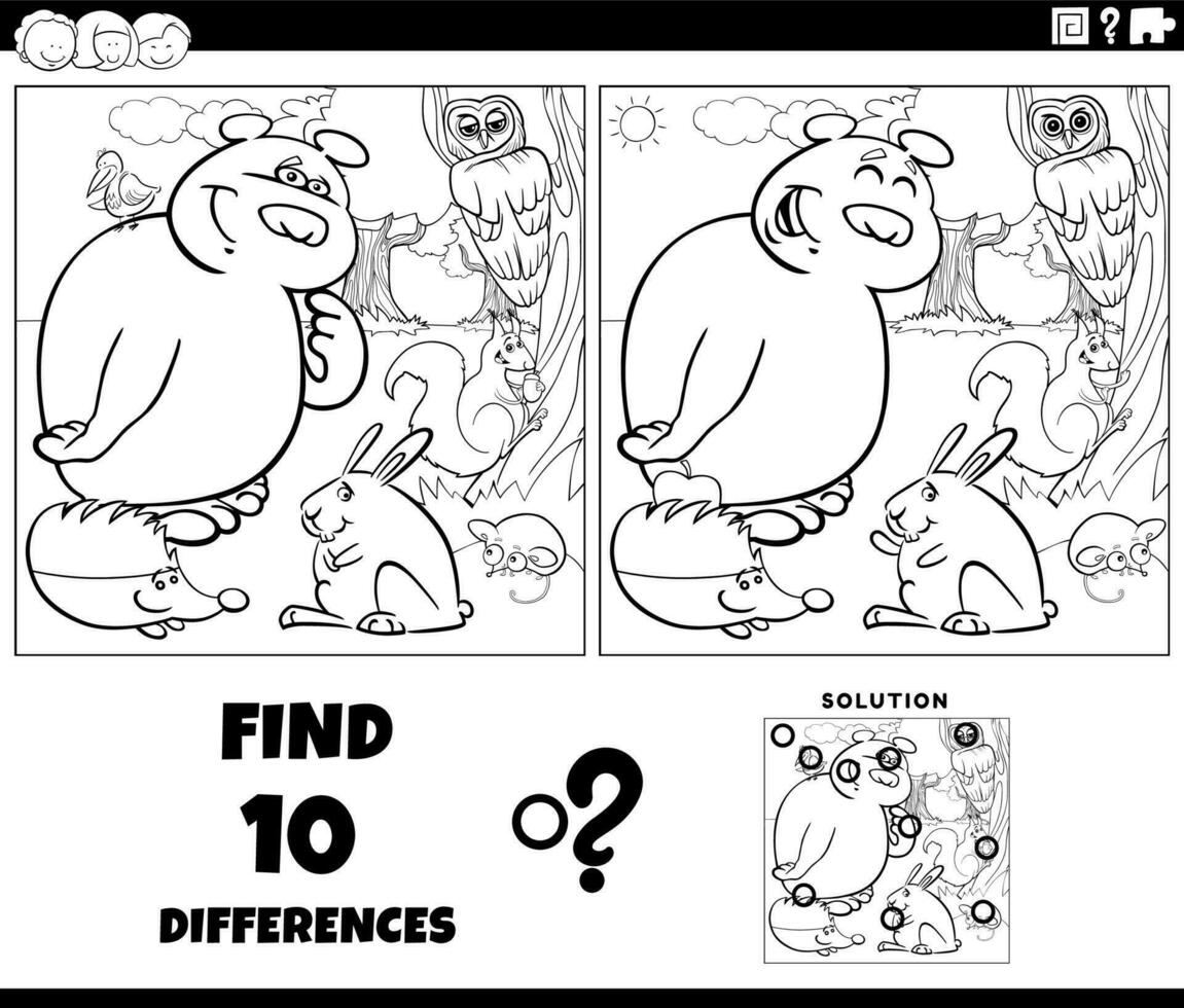 differences game with cartoon animals coloring page vector