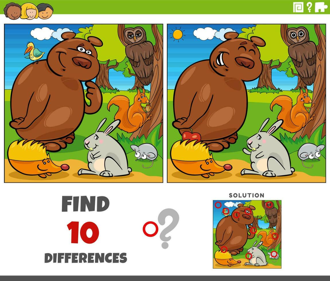 differences game with comic animal characters group vector