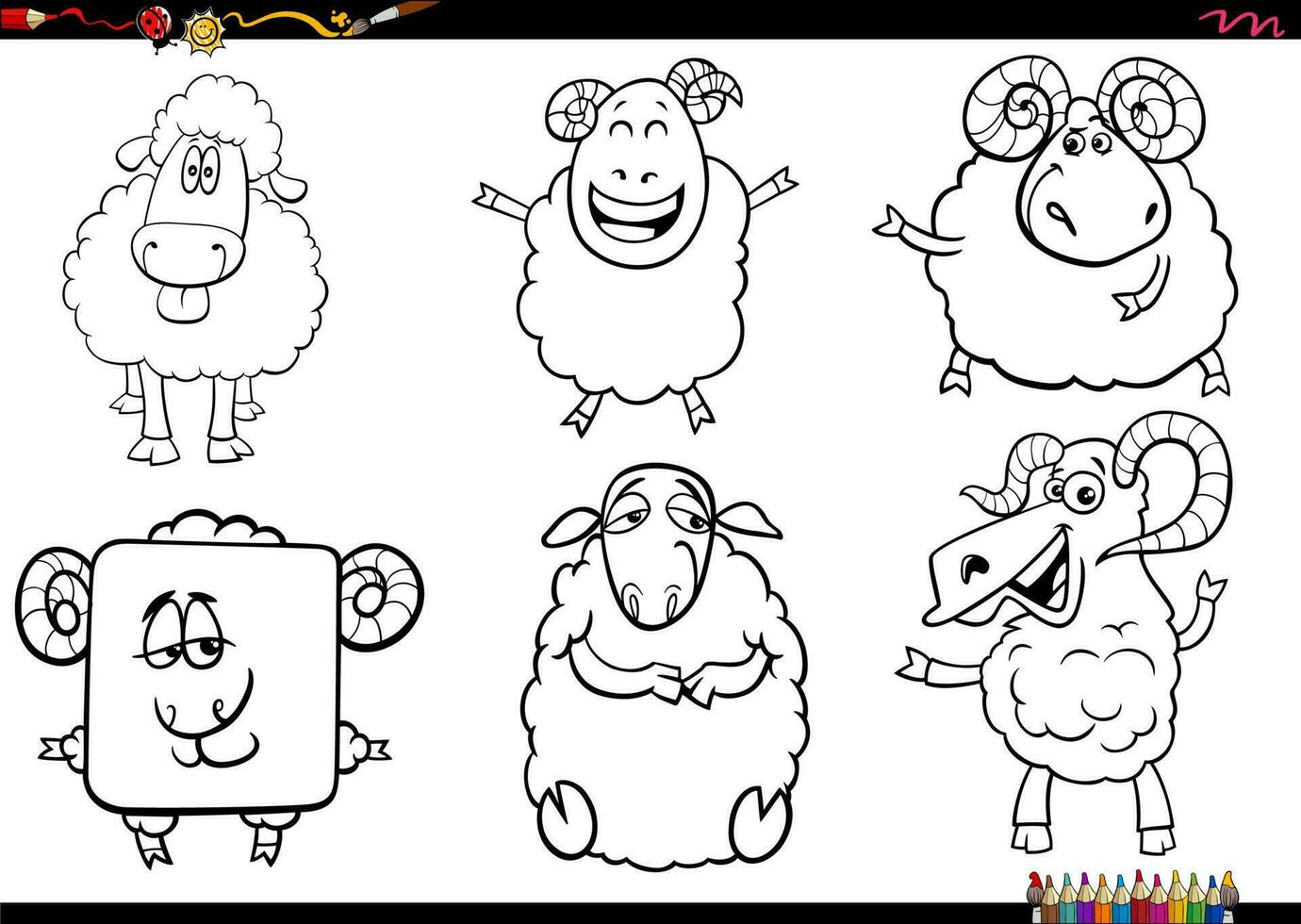 dibujos animados oveja granja animal caracteres conjunto colorante página vector