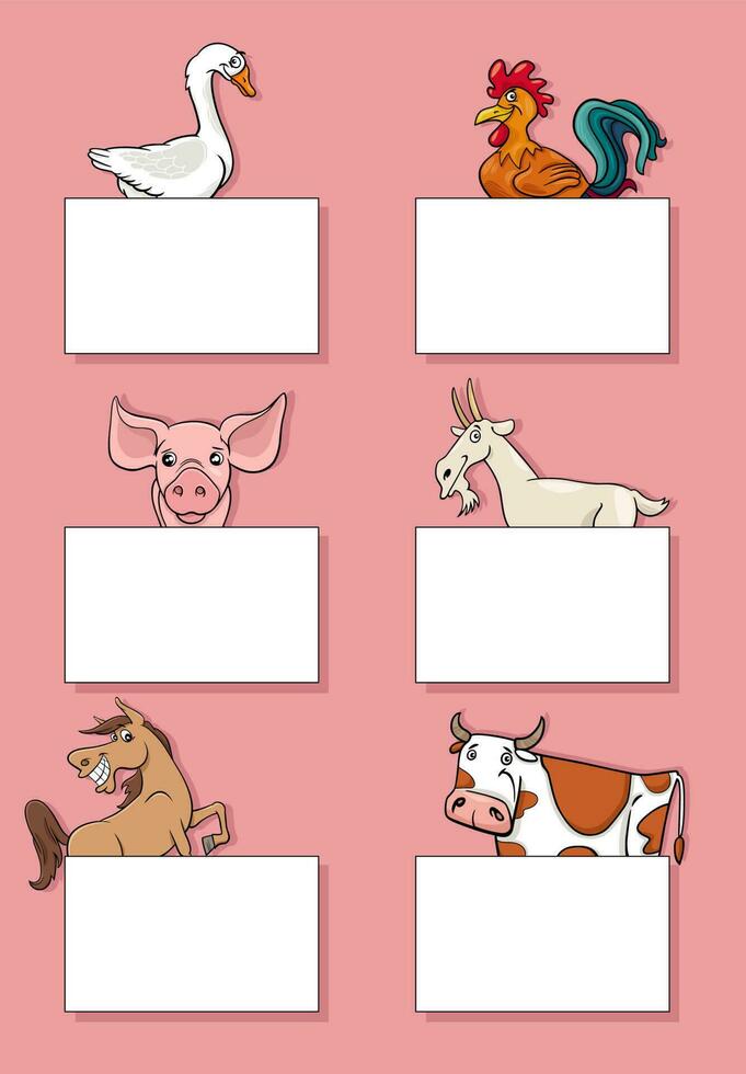 dibujos animados granja animal caracteres con tarjetas diseño conjunto vector