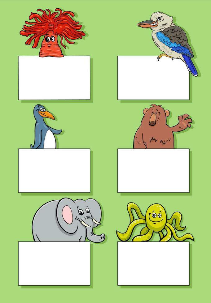 dibujos animados animales con tarjetas o pancartas diseño conjunto vector