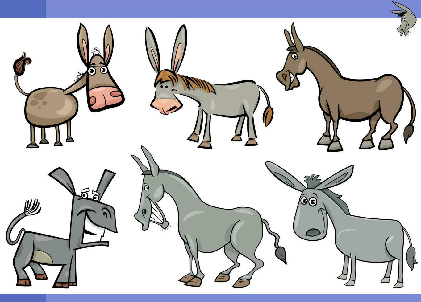 cartoon donkeys farm animals comic characters set vector