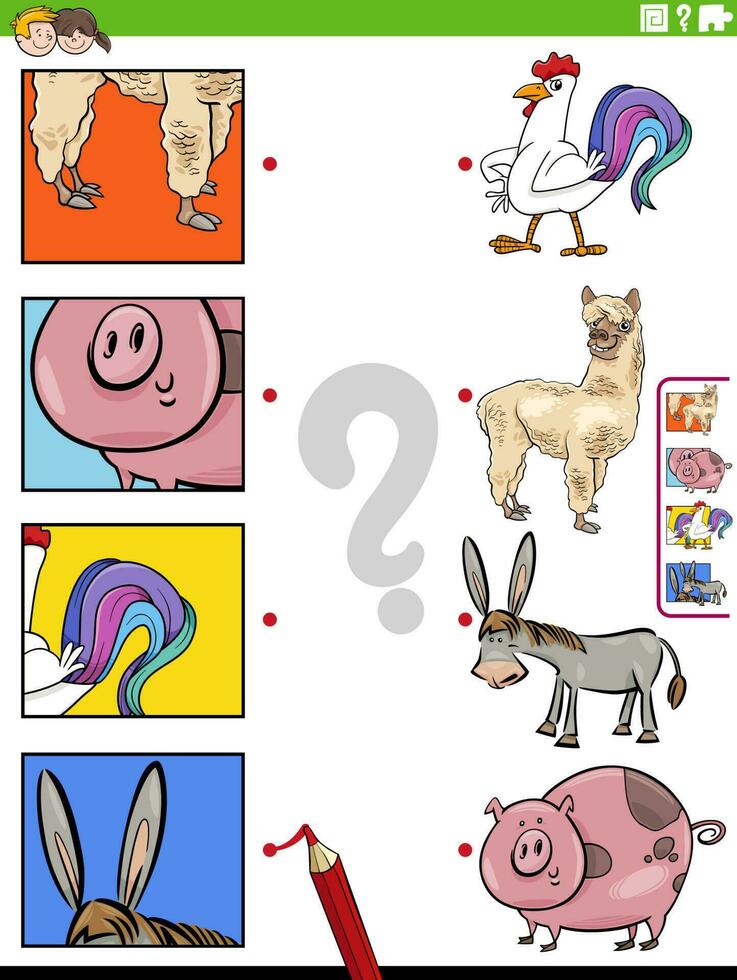 partido dibujos animados granja animales y recortes educativo juego vector