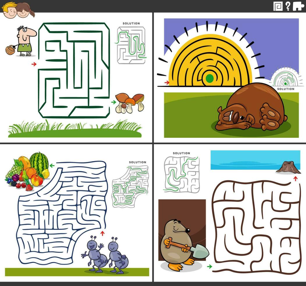 maze games set with funny cartoon characters vector