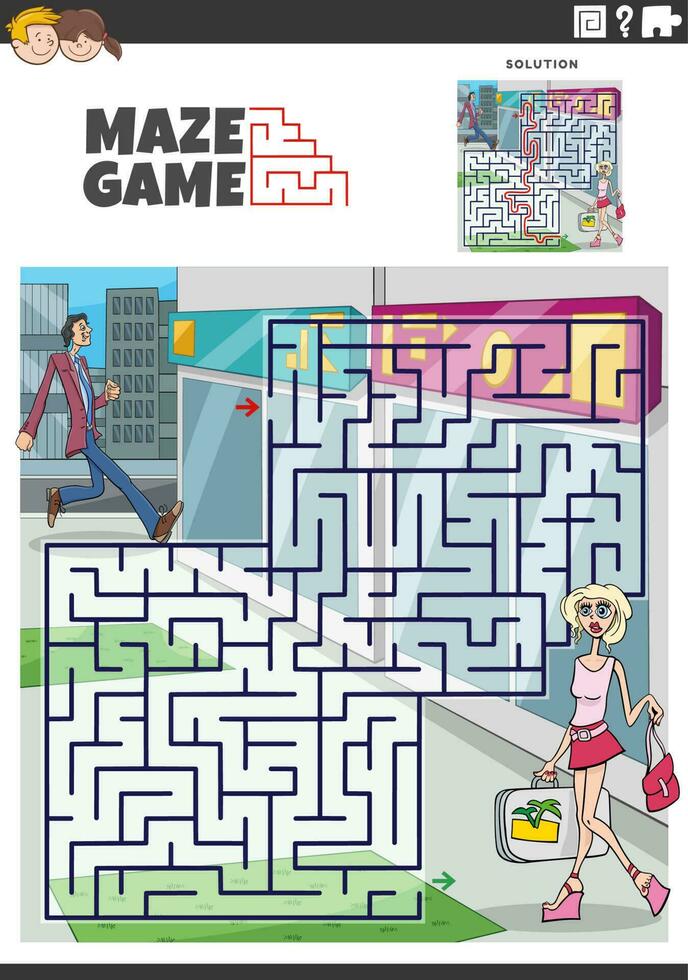 maze game activity with cartoon people characters vector