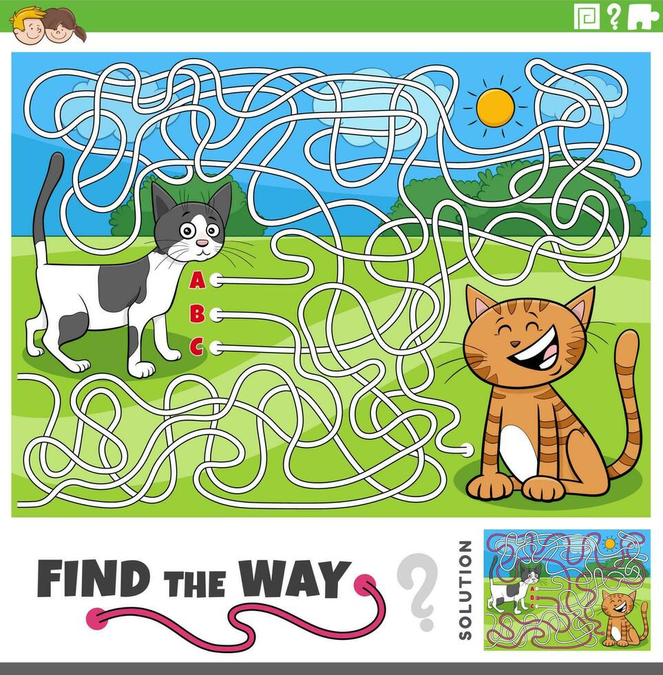 find the way maze game with cartoon cats characters vector