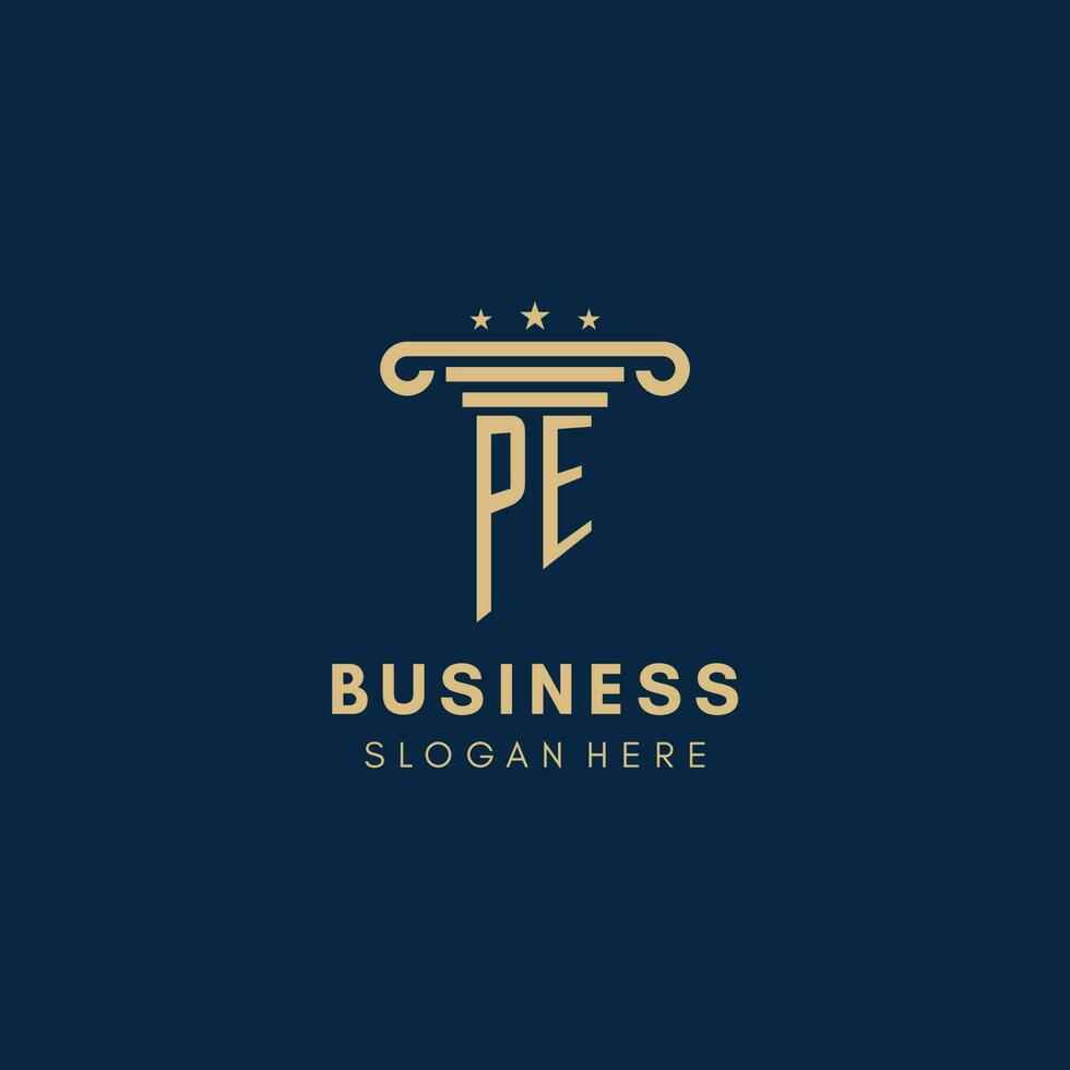 PE monogram initial logo with pillar and stars, best design for legal firm vector