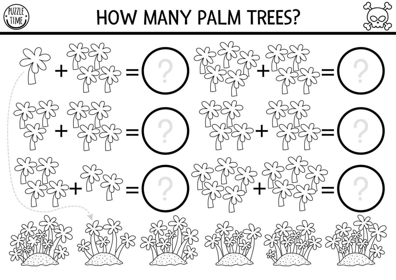 Black and white how many palm trees game. Tropical island line math addition activity for preschool children. Simple summer printable counting worksheet or coloring page for kids vector