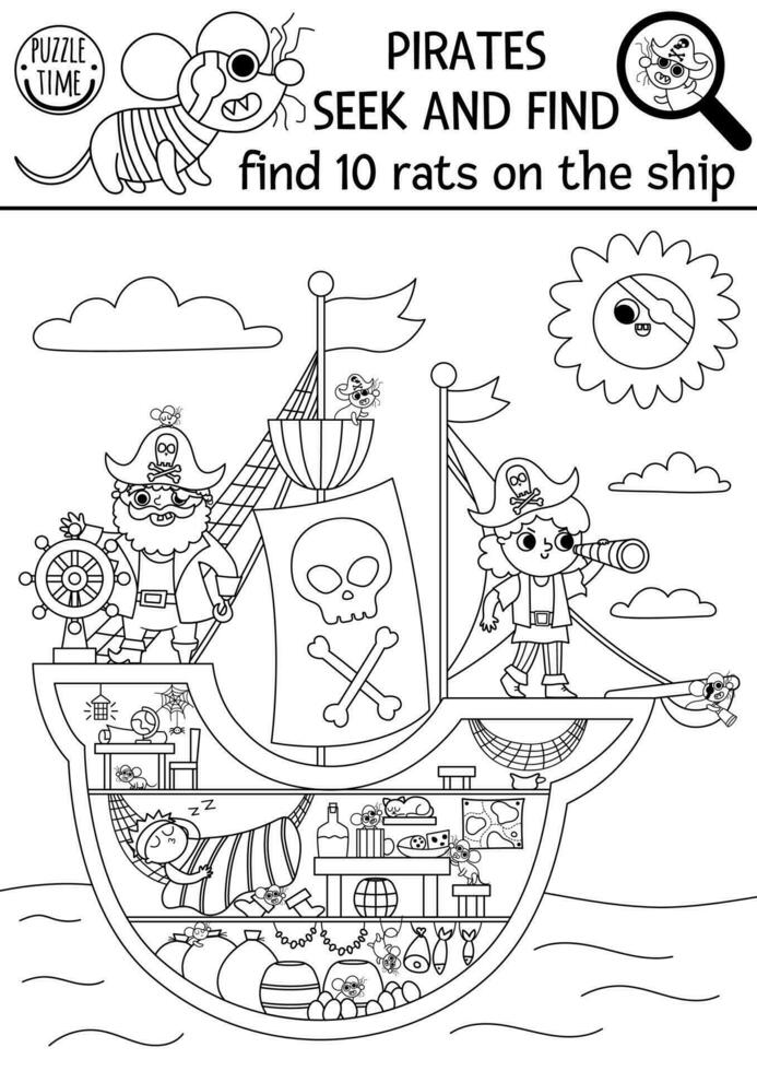 Vector black and white pirate searching game. Spot hidden rats in the picture. Simple treasure island seek and find activity for kids. Sea adventures treasure hunt coloring page. Find rats on ship