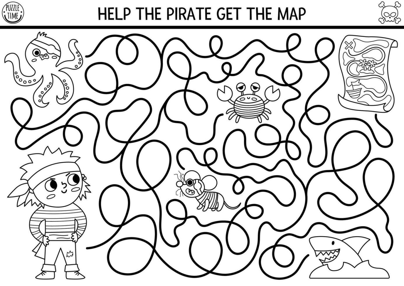 Pirate black and white maze for kids. Treasure hunt preschool printable activity with cute raider captain, octopus, rat, shark, crab. Sea adventures coloring labyrinth game. Help pirate get map vector