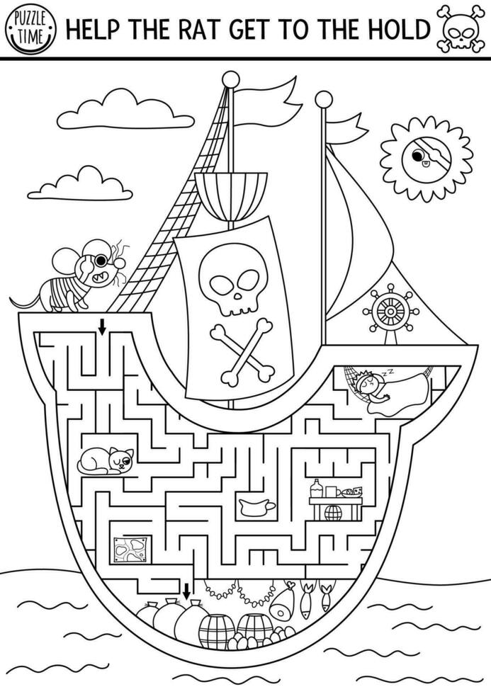 pirata negro y blanco laberinto para niños con marina paisaje y Embarcacion interior. tesoro cazar preescolar imprimible actividad. mar aventuras colorante laberinto juego o rompecabezas. ayuda rata obtener a sostener vector