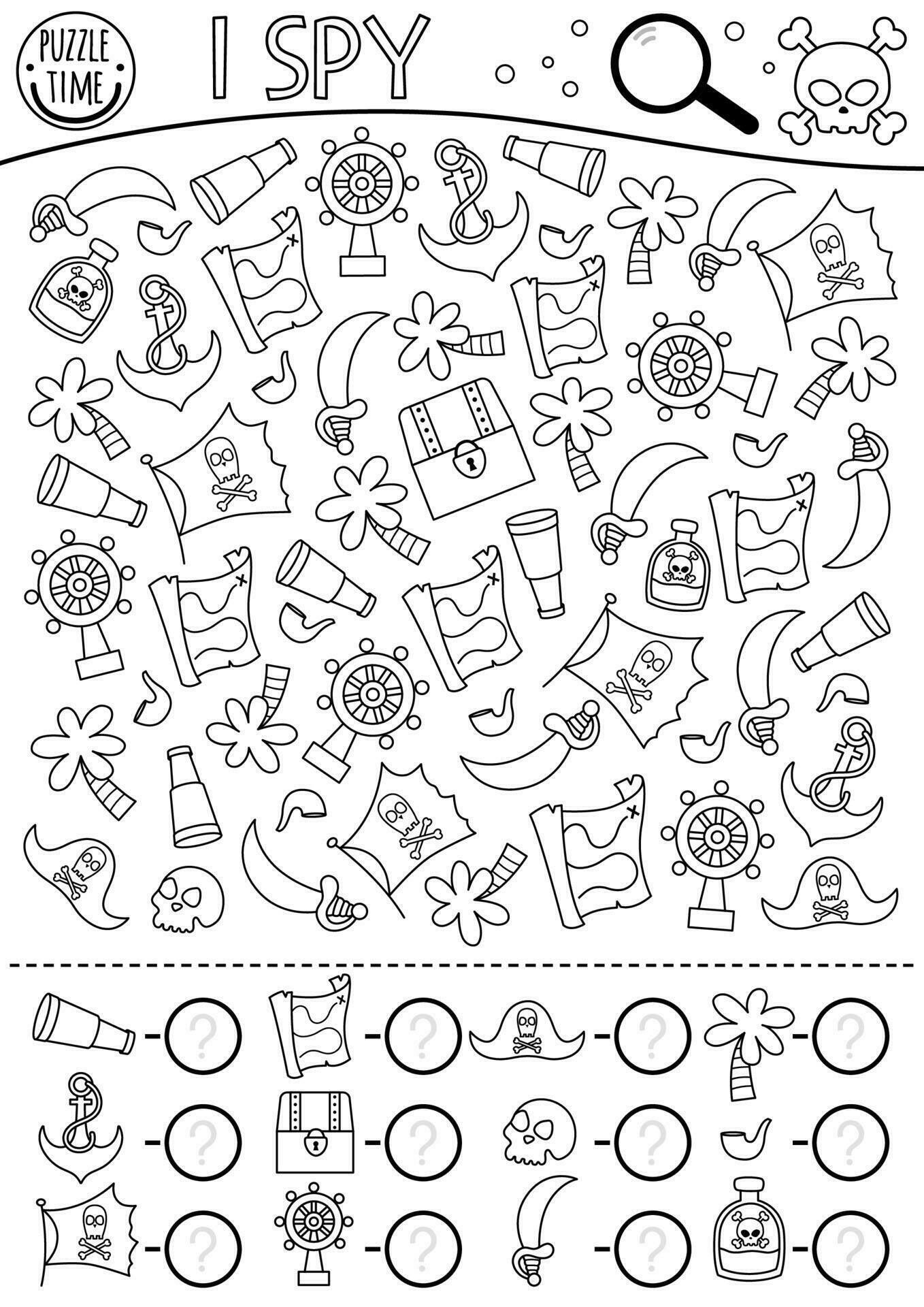 Pirate black and white I spy game for kids Searching and counting