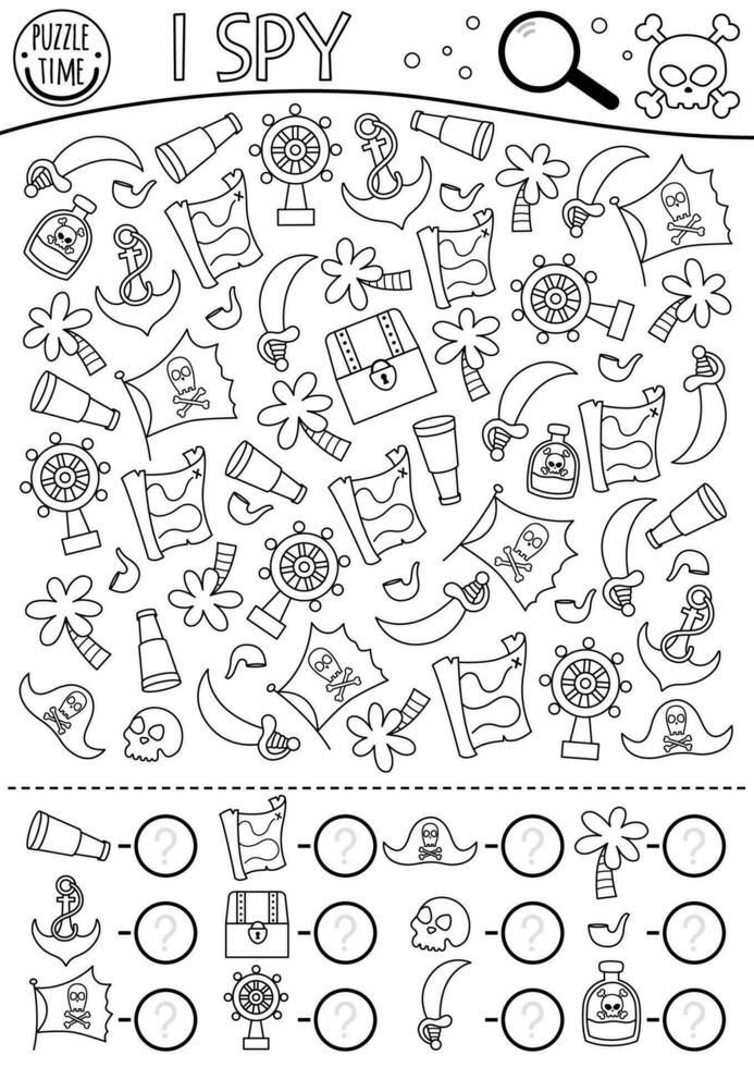 Pirate black and white I spy game for kids. Searching and counting activity with pirate accessories and symbols. Treasure island hunt coloring page. Simple sea adventure spotting worksheet vector