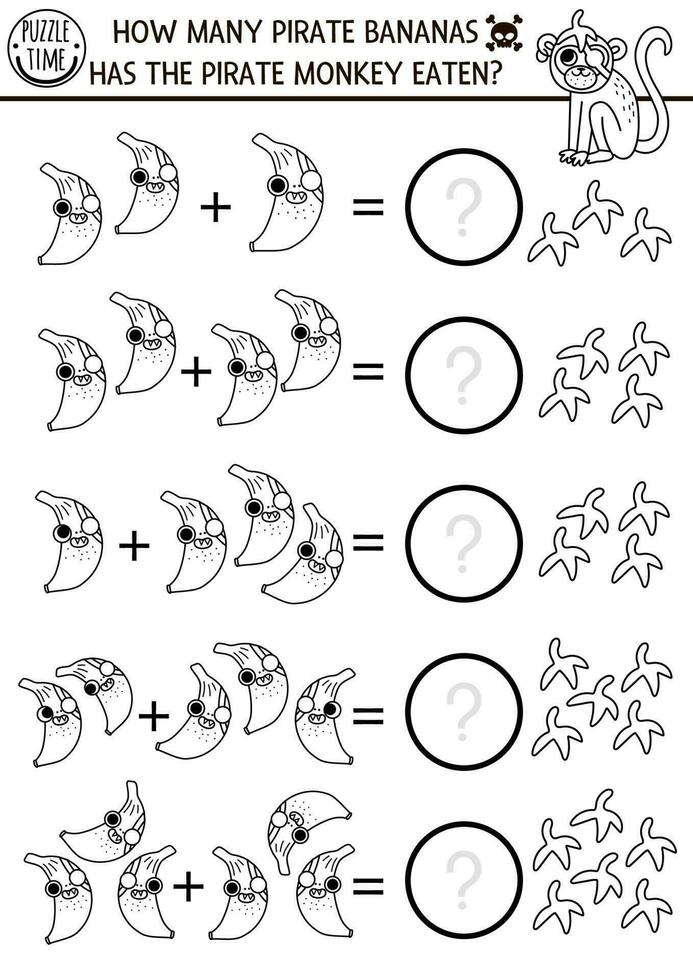 negro y blanco cómo muchos pirata bananas juego. línea tropical Fruta matemáticas adición actividad para preescolar niños. sencillo tesoro isla cazar imprimible contando colorante página para niños vector