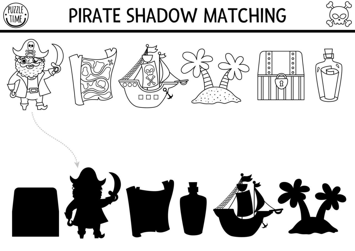 pirata negro y blanco sombra pareo actividad. tesoro isla cazar línea rompecabezas con linda pirata, mapa, barco, isla, pecho. encontrar correcto silueta hoja de cálculo. mar aventuras colorante página para niños vector