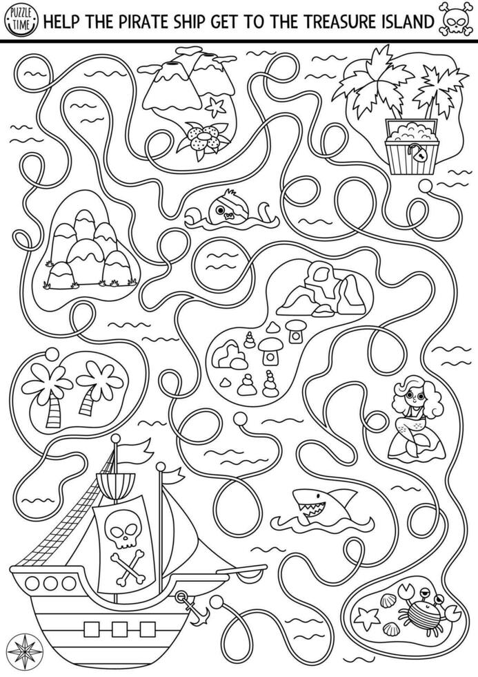 Pirate black and white maze for kids with marine landscape, ship, isles. Treasure hunt line preschool printable activity. Sea adventures coloring labyrinth. Help pirate ship get to treasure island vector