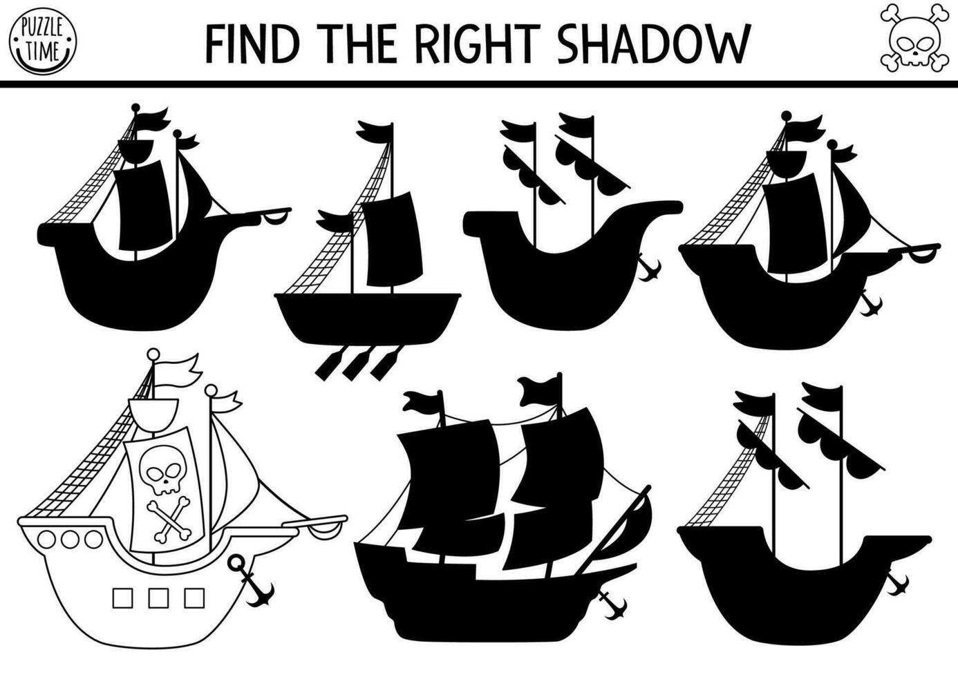 Pirate black and white shadow matching activity. Treasure island hunt line puzzle with pirate ships. Find correct silhouette worksheet. Sea adventures coloring page for kids with boat and sails vector