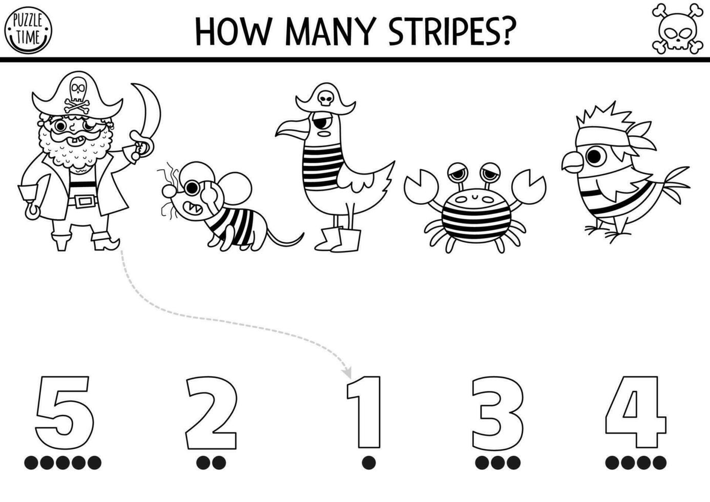 Black and white match the numbers pirate game with animals in striped shirts. Treasure island hunt math line activity for preschool kids. Sea adventures printable counting coloring page vector