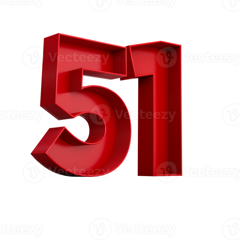 3d illustration of red number 51 or Fifty One inner shadow png
