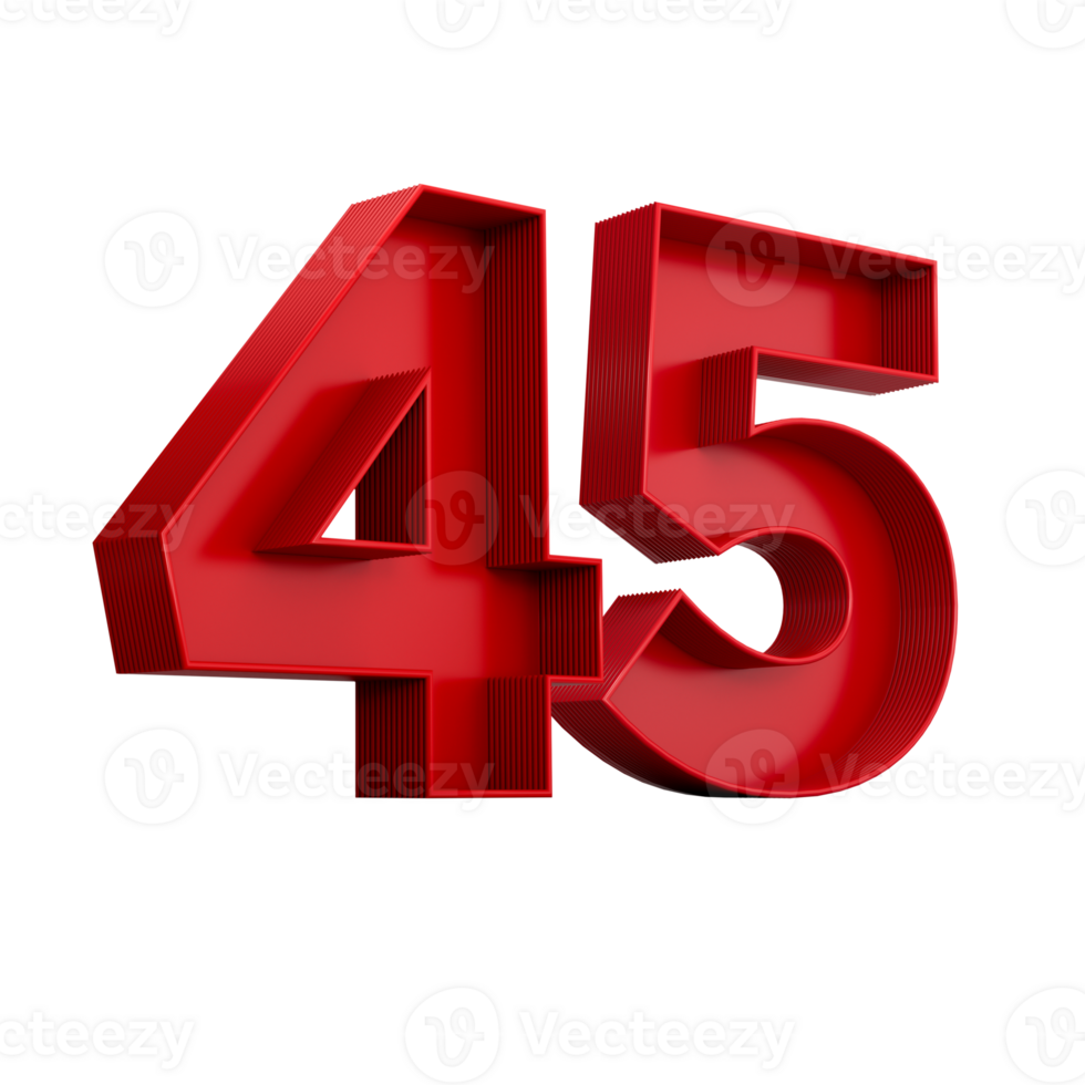 3d illustration of red number 45 or Forty Five inner shadow png