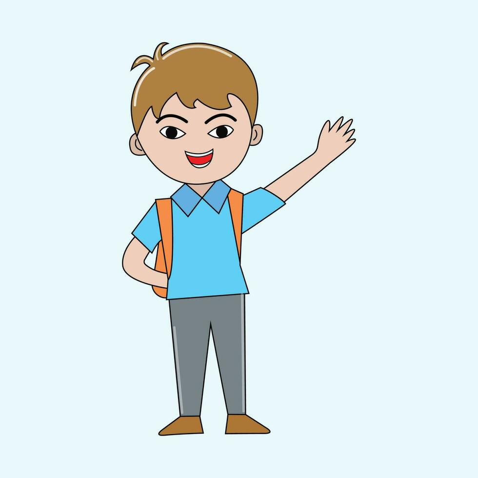 contento chico con mano en el atrás, sonriente, ondulación mano alegremente diciendo Hola. plano diseño gratis vector