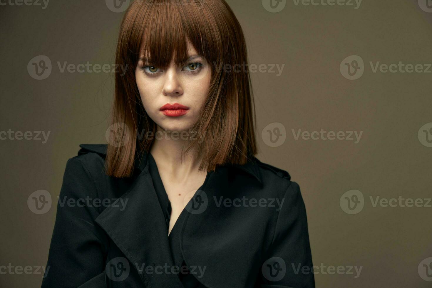 Romantic lady Light skin black coat photography studio photo