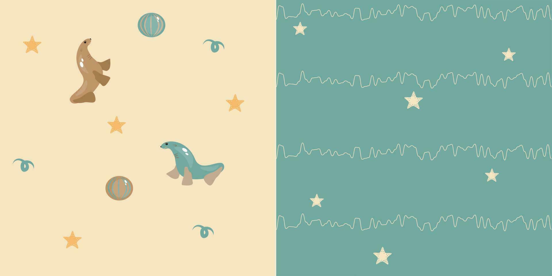 two seamless pattern children's drawings of a seal with a ball green blue background. Vector drawing EPS10