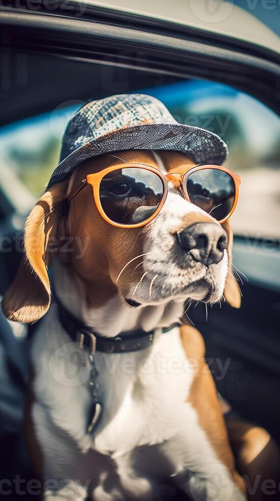 gracioso beagle perro en Gafas de sol en el verano sentado en el auto, mascotas, descanso con animales, vida con animales ai generado foto