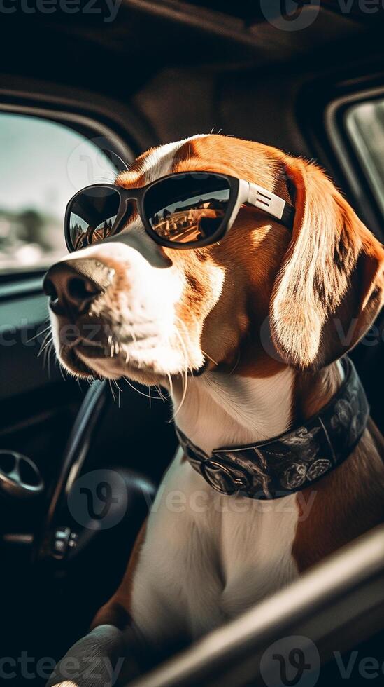 funny beagle dog in sunglasses in the summer sitting in the car, pets, rest with animals, life with animals. photo