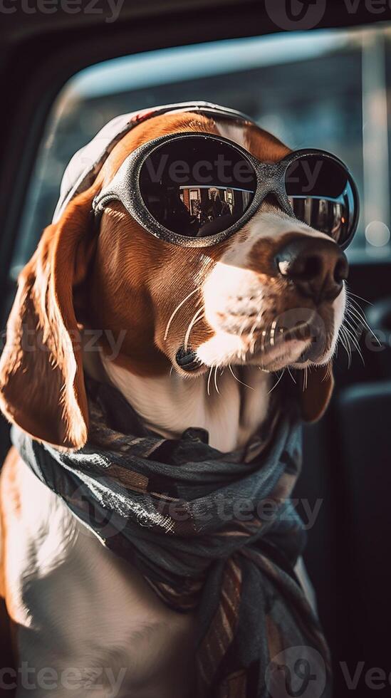 funny beagle dog in sunglasses in the summer sitting in the car, pets, rest with animals, life with animals. photo