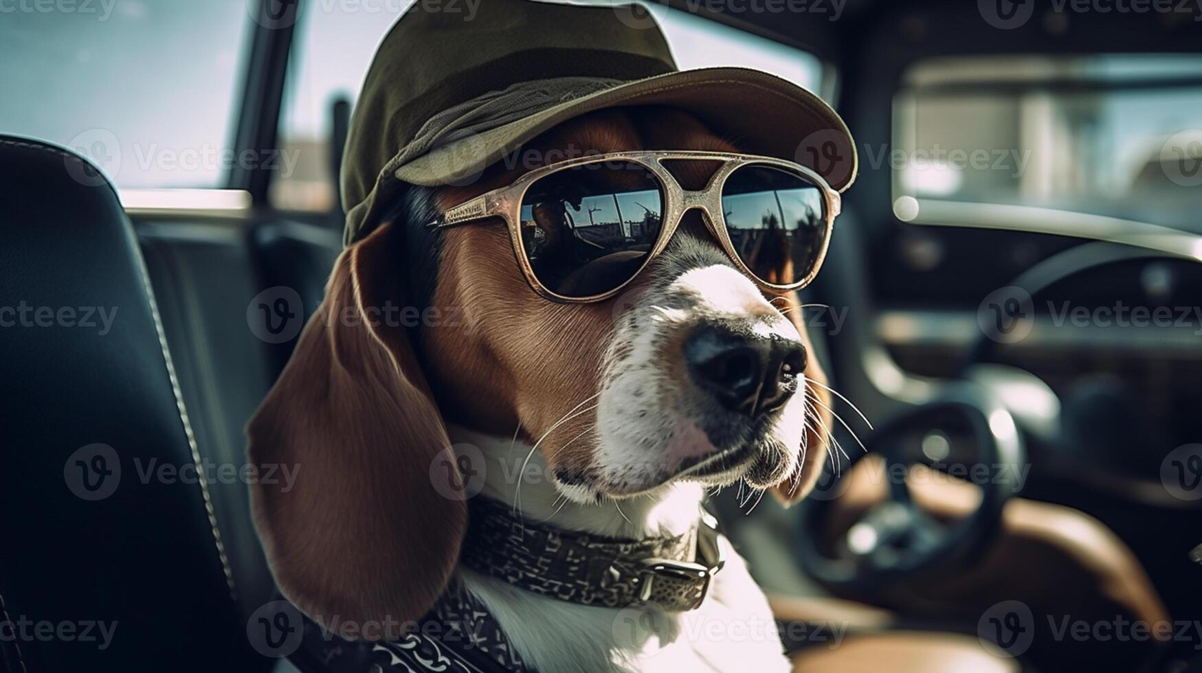 funny beagle dog in sunglasses in the summer sitting in the car, pets, rest with animals, life with animals. photo