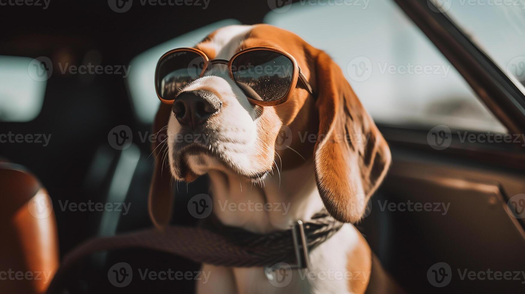 funny beagle dog in sunglasses in the summer sitting in the car, pets, rest with animals, life with animals. photo