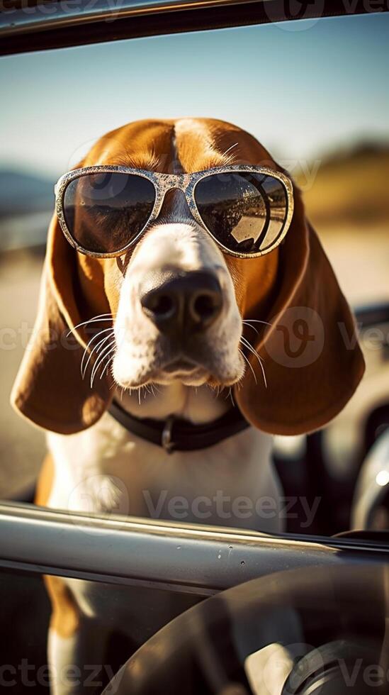 funny beagle dog in sunglasses in the summer sitting in the car, pets, rest with animals, life with animals. photo