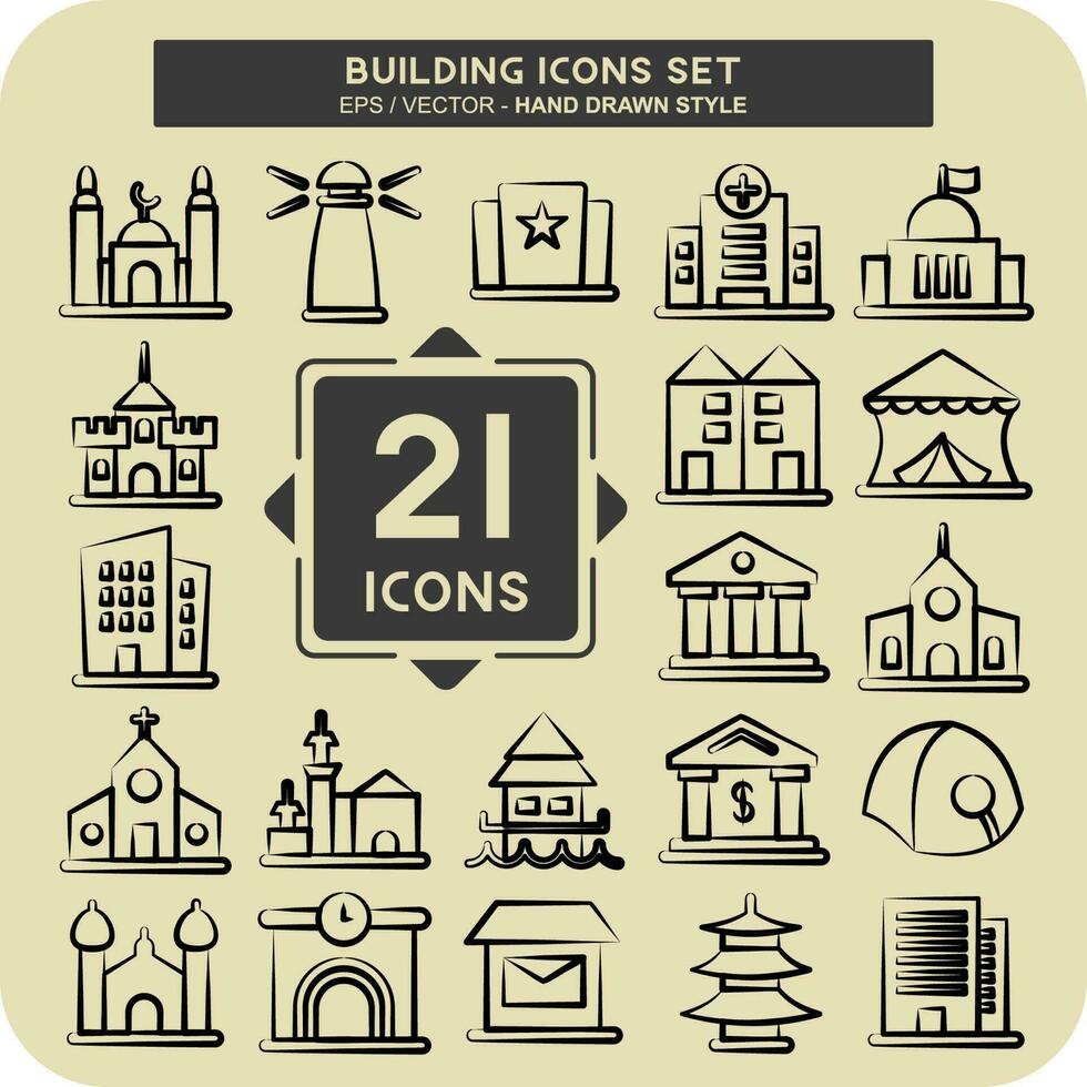 icono conjunto edificio. adecuado para educación símbolo. mano dibujado estilo. sencillo diseño editable vector